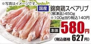 国産 ●錦爽鶏スペアリブ 解凍品 ４５０ｇ