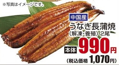 中国産 ●うなぎ長蒲焼（解凍・養殖） ２尾